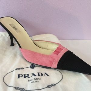 Prada pink and black silk bow mules 38.5